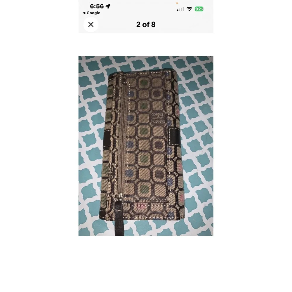 Liz & Co Womens Trifold Wallet Brown Geometric Logo Print Multi Color Buckle‎